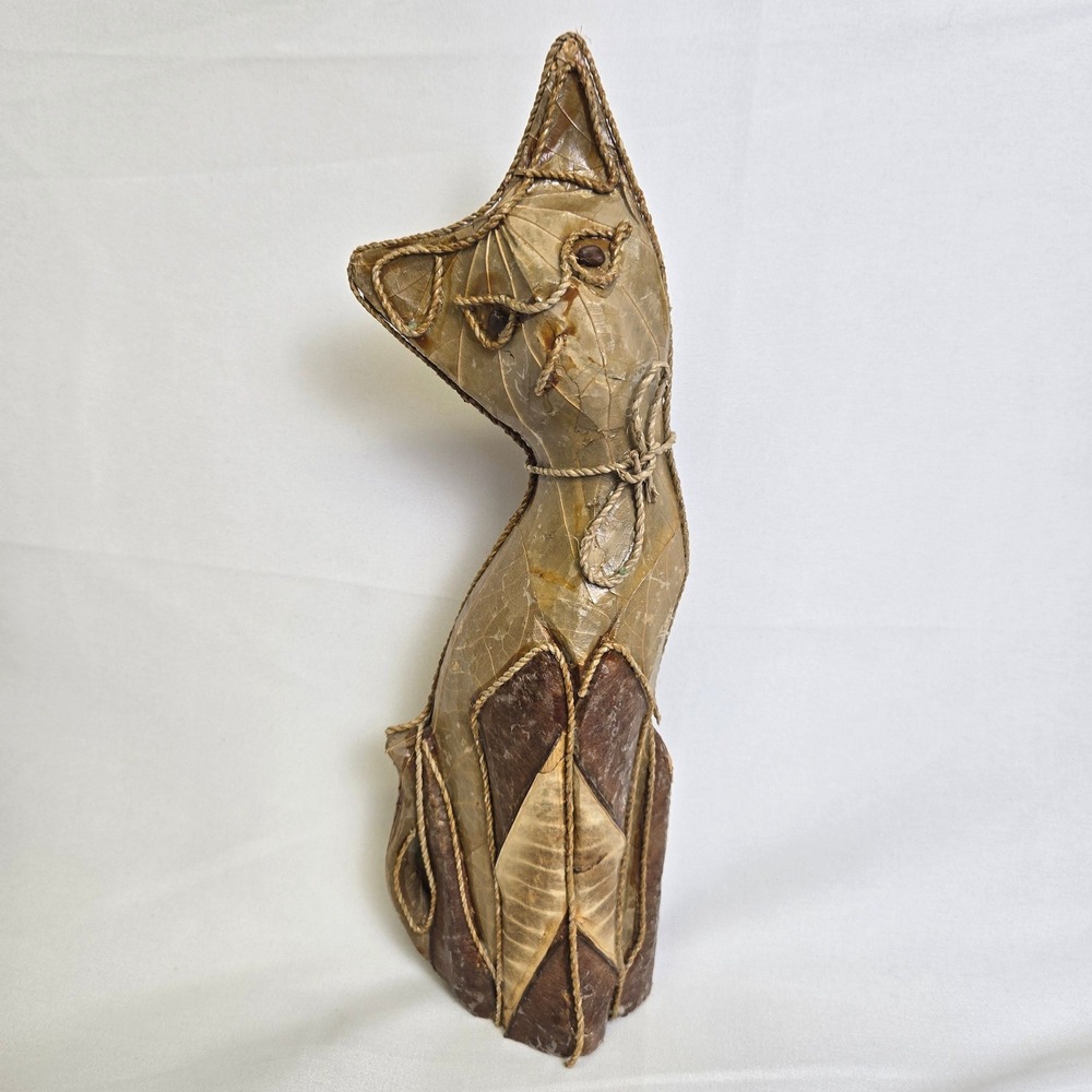 Wooden Cat Figure 10" Decoupage Tissue Rope Vintage Rustic Primitive Folk Art